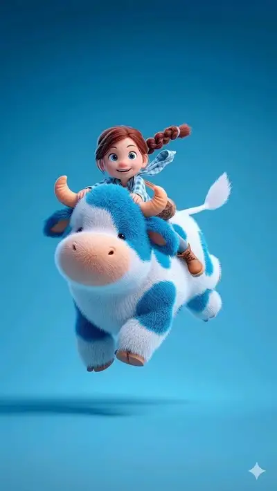 ぬいぐるみの斑点牛に乗る遊び心あふれる3Dの女の子