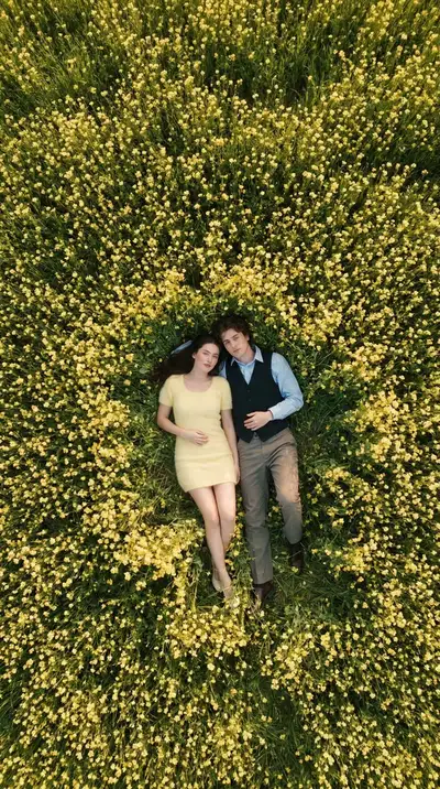 Cinematic Overhead Flower Field Couple