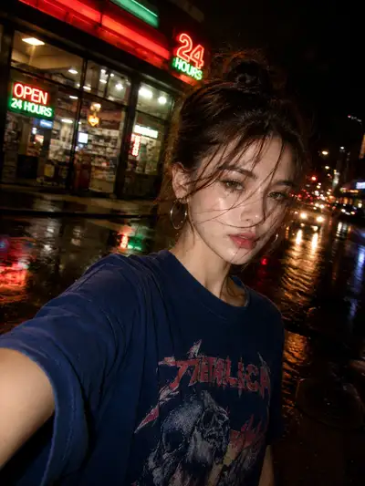 Ultra-realistic nighttime street selfie of East Asian woman