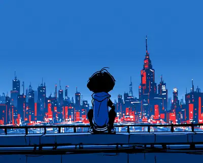 Prompt SREF de Midjourney de viajante solitária em terraço com skyline futurista