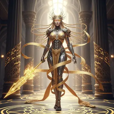 Golden Cyborg Warrior in Futuristic Temple