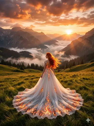 Fantasy Sunrise Woman in Fiery Wedding Gown