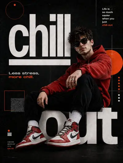 Affiche graphique streetwear 'chill out' avec typographie en forme de banc