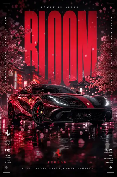 Ferrari Bloom cherry blossom automotive advertising poster