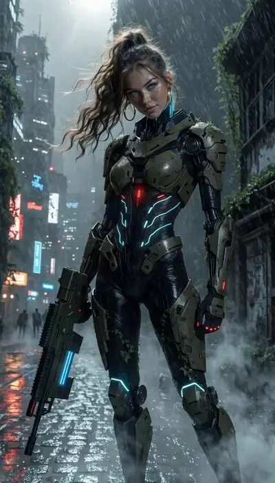 Cyberpunk Soldier Stats Overlay Video Prompt