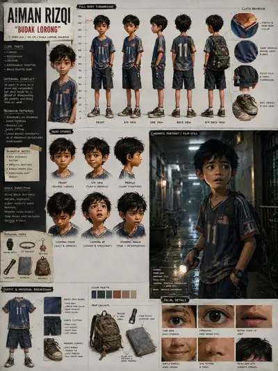 Filmreifes Charakterdesign-Blatt für malaysischen Jungen
