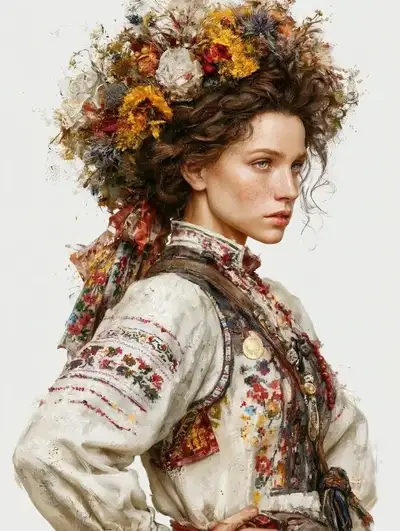 Fine art portrait of a Slavic woman in folk costume with floral wreath