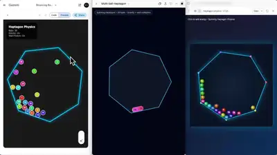 Bouncing balls in a spinning heptagon physics simulation