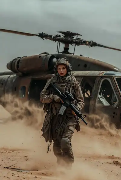Lone Female Soldier in Desert Battlefield