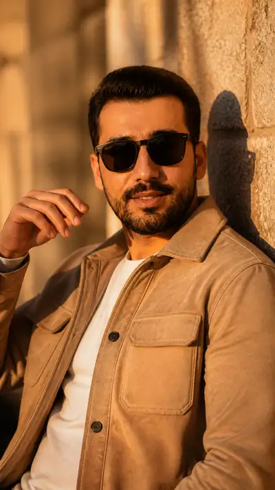 Golden hour street style menswear portrait prompt