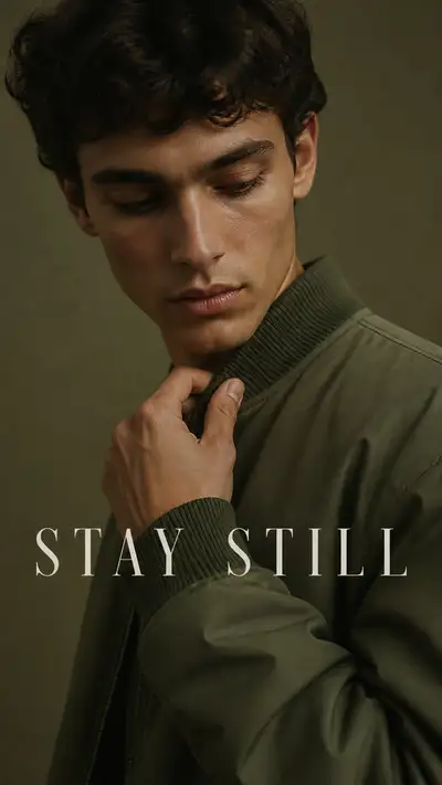 Zara editorial portrait, model in muted olive bomber jacket