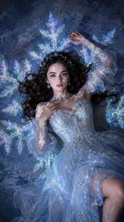 Ätherisches Mode-Editorial-Porträt einer Schneeprinzessin