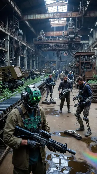 Gritty Cyborg Soldier in Industrial Factory