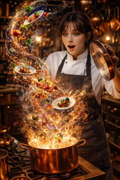 Koch erstaunt über eine Explosion von Gourmet-Essen aus einem Topf