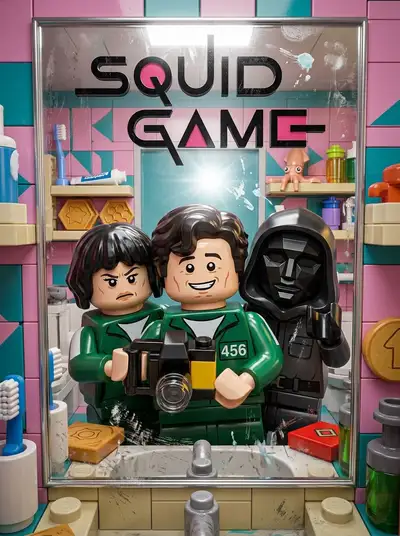Plantilla de selfie frente al espejo del baño en minifiguras LEGO
