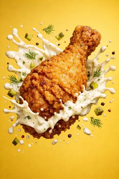 Epic fried chicken leg rising through a sauce explosion