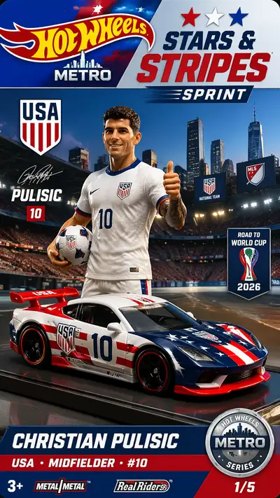 Hot Wheels poster of Christian Pulisic as Stars and Stripes car