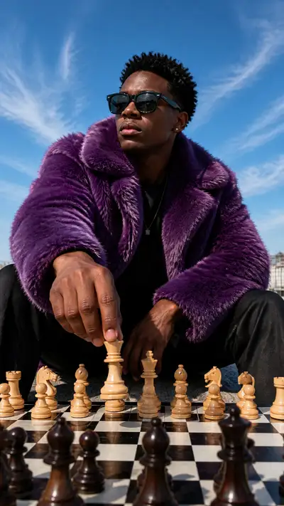 Mann in lila Pelzmantel spielt Schach auf einem Dach