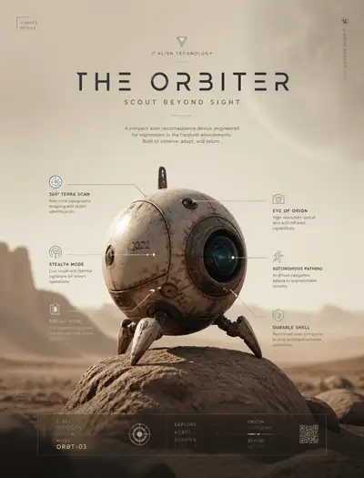 Futuristic 3D Scout Gadget Poster in a Desert