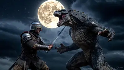 Knight vs Monster Under Full Moon Dark Fantasy