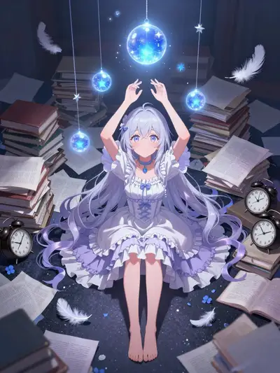 Anime-Illustration eines Mädchens mit leuchtenden Kugeln