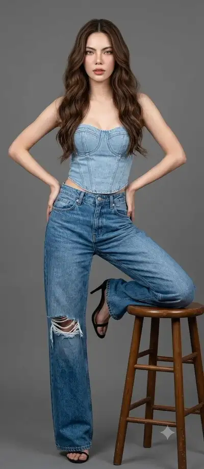 Studio Portrait of Woman in Denim Outfit