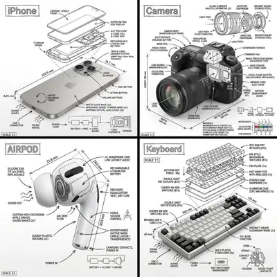 Technical annotation infographic overlay on a real object photo
