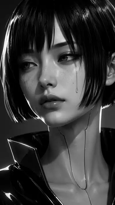 Cyberpunk android portrait with a single tear
