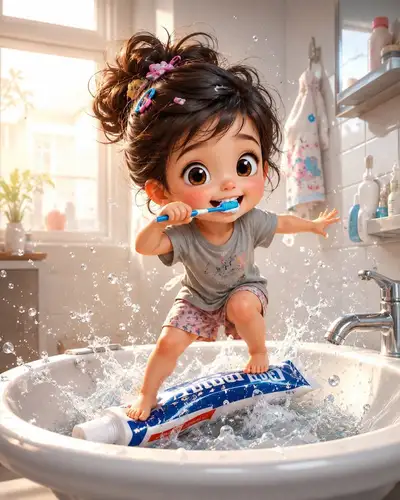 Whimsical Pixar-style toddler bathroom illustration