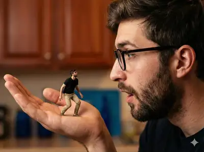 Forced-perspective portrait of a giant hand holding a tiny man