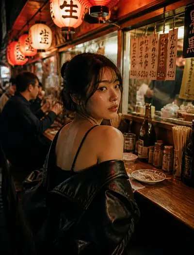 Cinematic izakaya night portrait at a wooden counter