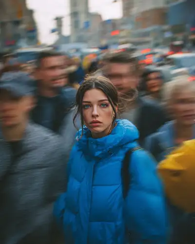 Still woman in a blue jacket amid a blurred city crowd