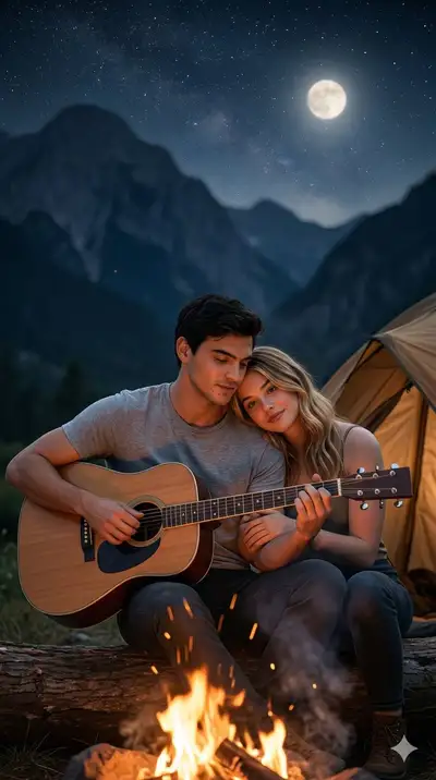 Cinematic Romantic Camping Night Scene with Face Lock
