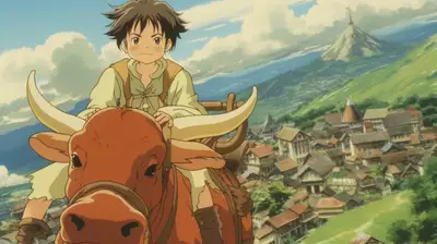 DVD Screen Grab Anime: Child on Ox in Feudal Village