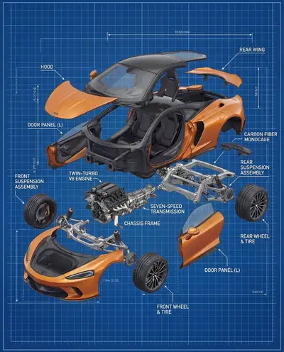 Zerlegter McLaren-Supersportwagen in schwebender Blueprint-Ansicht