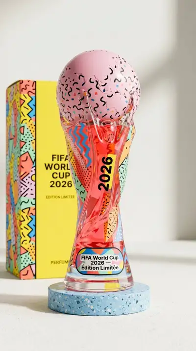FIFA World Cup 2026 trophy-inspired perfume bottle render