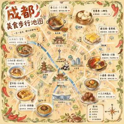 Hand-drawn illustrated food map of Chengdu street snacks