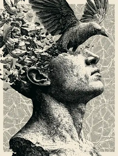 Surreal Fractured Bust with Emerging Bird