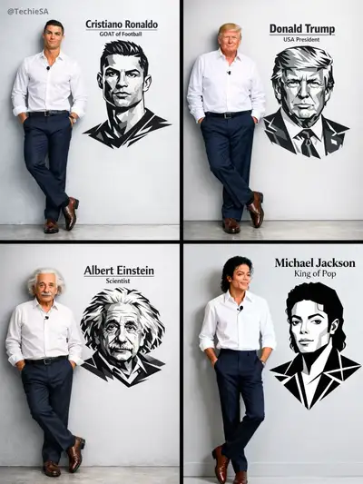 Full body studio portrait beside a vector bust graphic