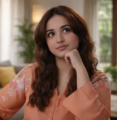 Cozy Portrait of Woman in Peach Blouse