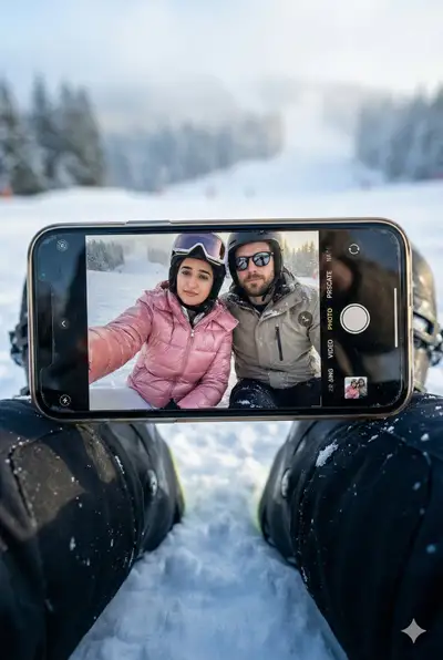 Snowy ski-trip mirror selfie on a smartphone screen