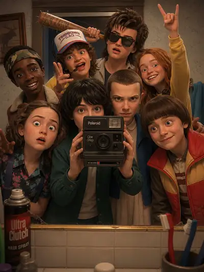 Prompt de selfie em grupo no espelho do banheiro com personagens icônicos