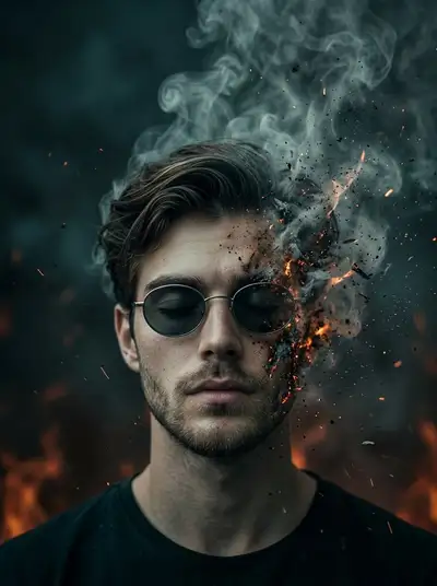 Man's face disintegrating into smoke and embers portrait