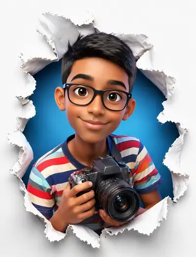 3D cartoon boy character emerging from torn paper hole