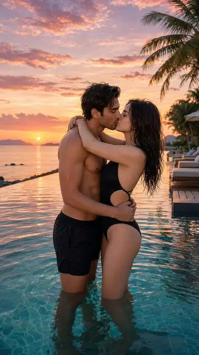Luxusresort-Paar-Sonnenuntergangsporträt mit Gesichtserhalt