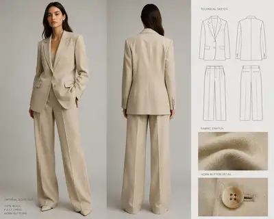 Minimalist editorial fashion shoot in an oatmeal wool suit