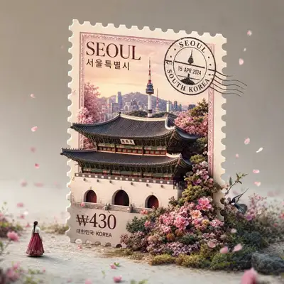 Hyper-realistic macro stamp diorama with country landmark
