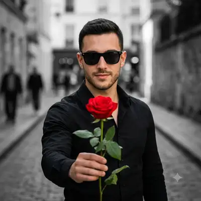 Retrato cinematográfico ultrarrealista con rosa roja