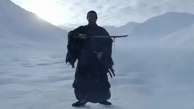 Weathered Samurai in Snowy Mountain Pass