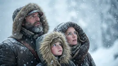 Family in Snowstorm Hyper-Realistic Scene